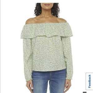 A.N.A GREEN RUFFLE LIGHTWEIGHT FLORAL BOHO PUFF SLEEVE TOP SIZE M